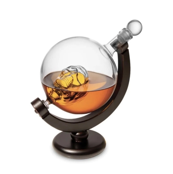 🆕 Godinger Whiskey Globe Skull Decanter Vertex Crystal Glass & Wood New In Box - Picture 7 of 10